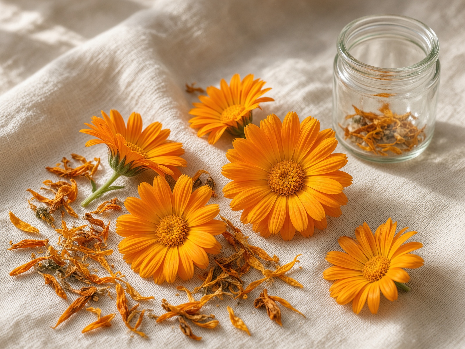 Orange calendula flowers and a small glass jar