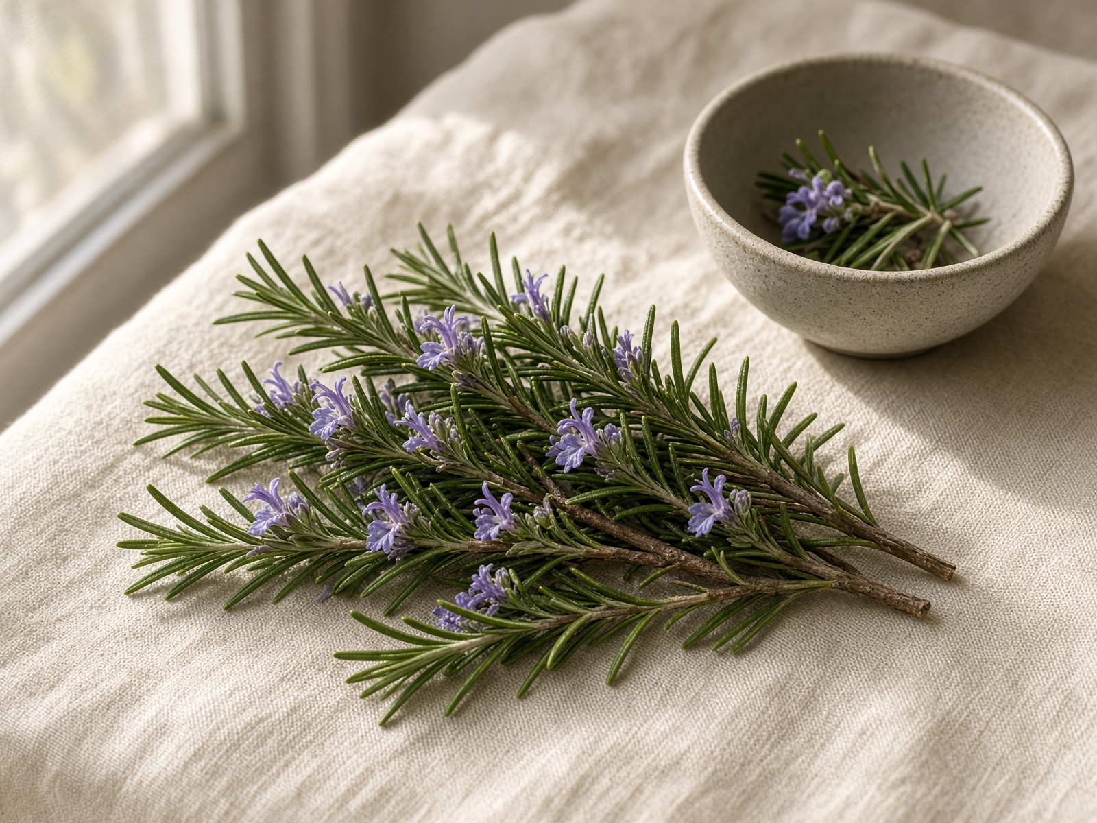Fresh rosemary sprigs on linen