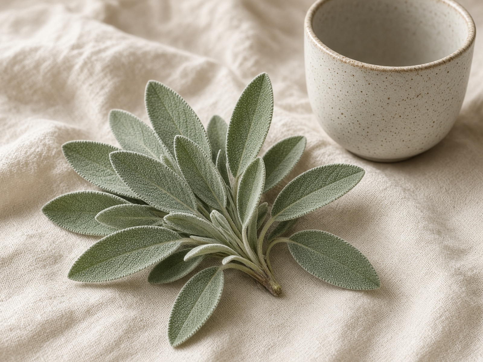 Silvery sage leaves on linen