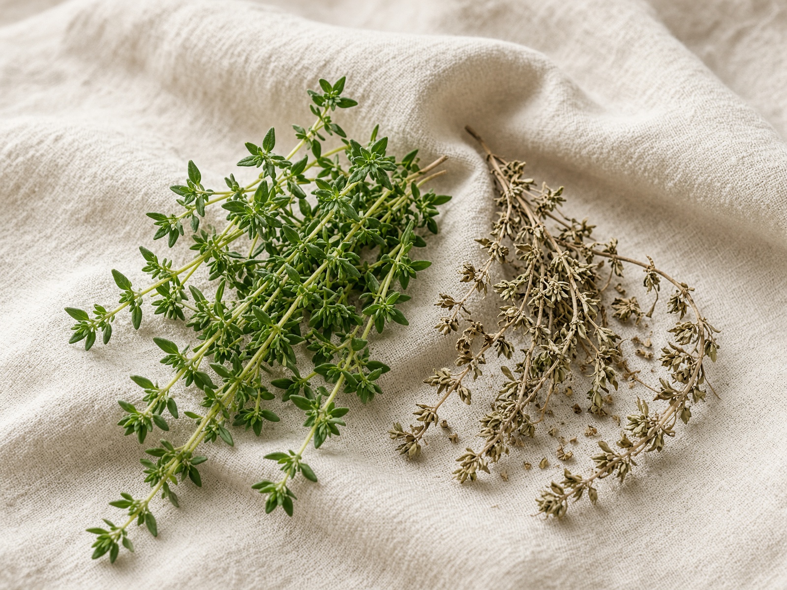Fresh thyme sprigs on linen
