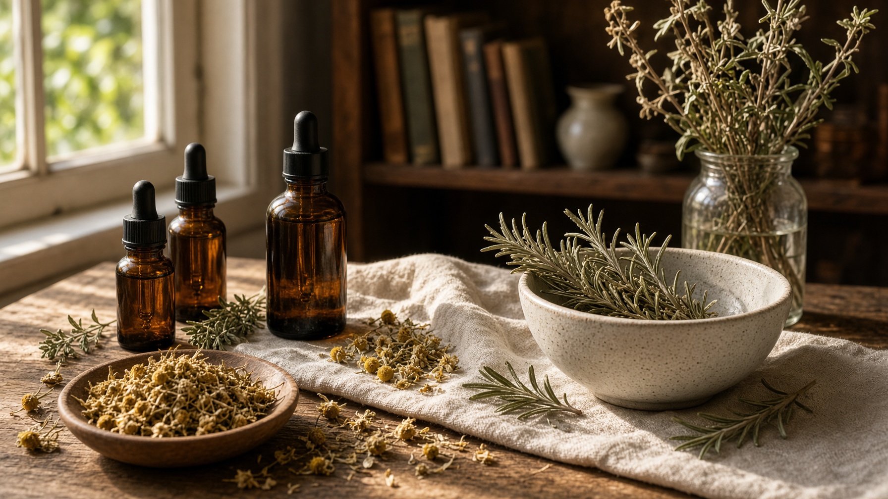 Amber bottles, dried herbs, and a ceramic bowl on linen