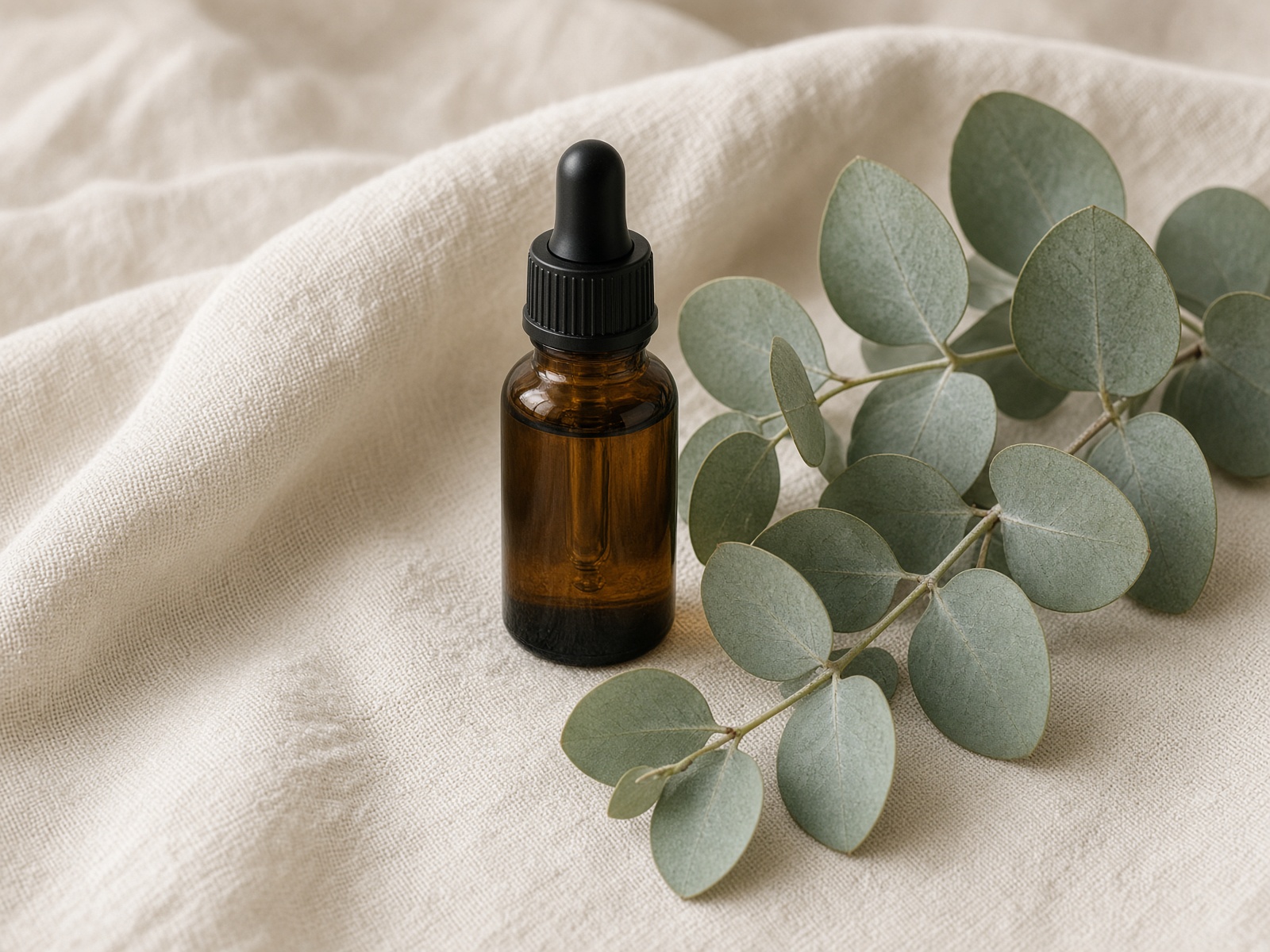 Amber bottle of eucalyptus oil with silvery leaves