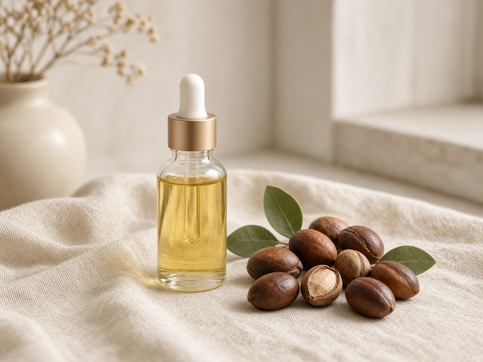 Glass bottle of golden jojoba oil with jojoba seeds