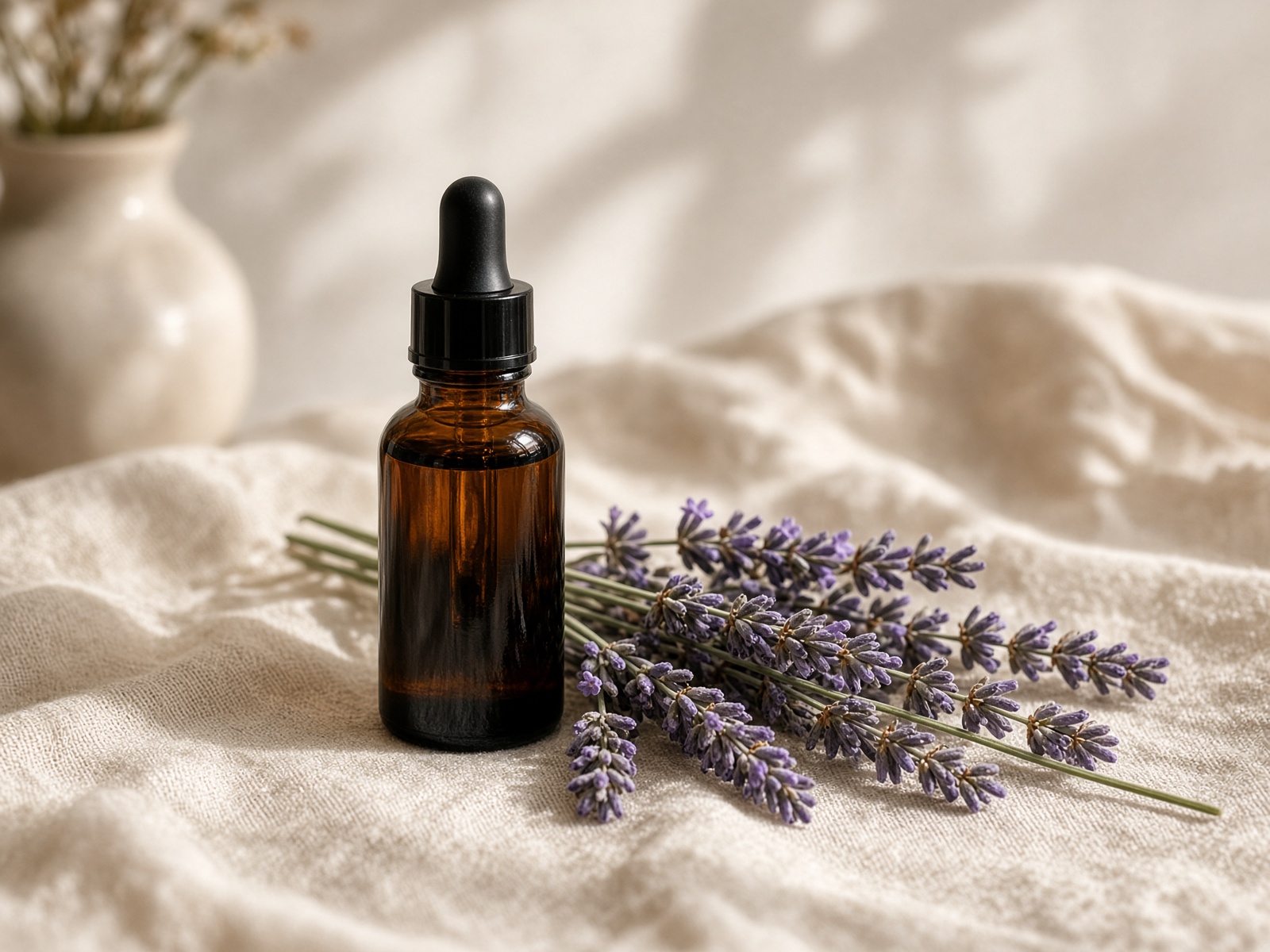 Amber dropper bottle of lavender oil with fresh sprigs