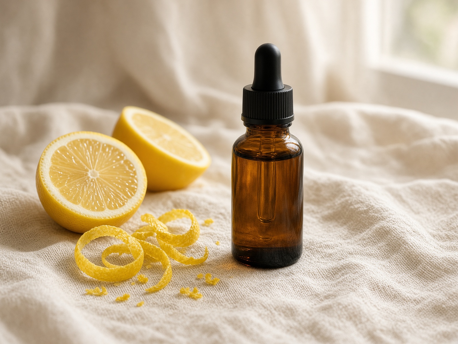 Amber bottle of lemon oil with a cut lemon