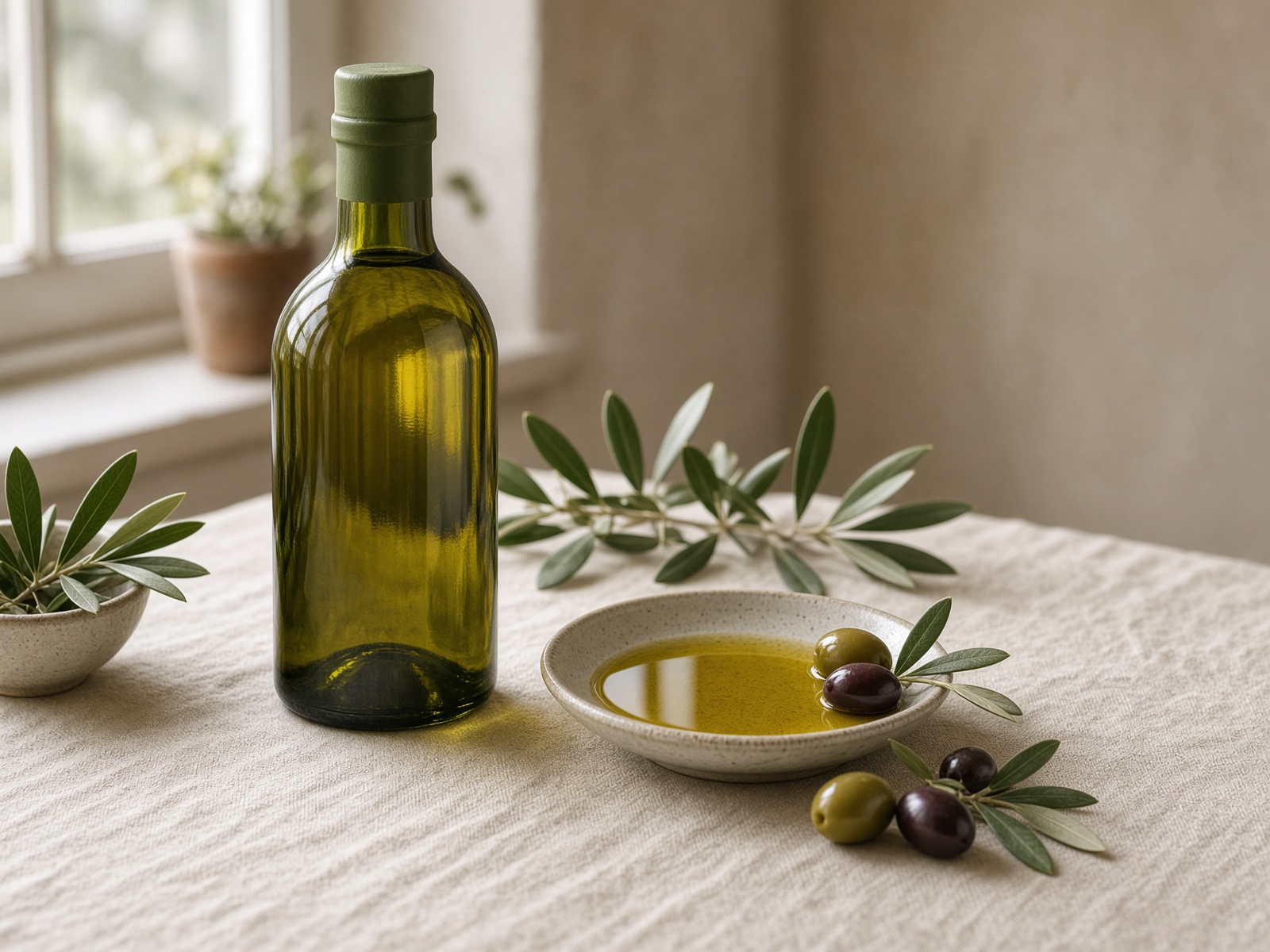 Green glass bottle of olive oil with olives and a dish of oil
