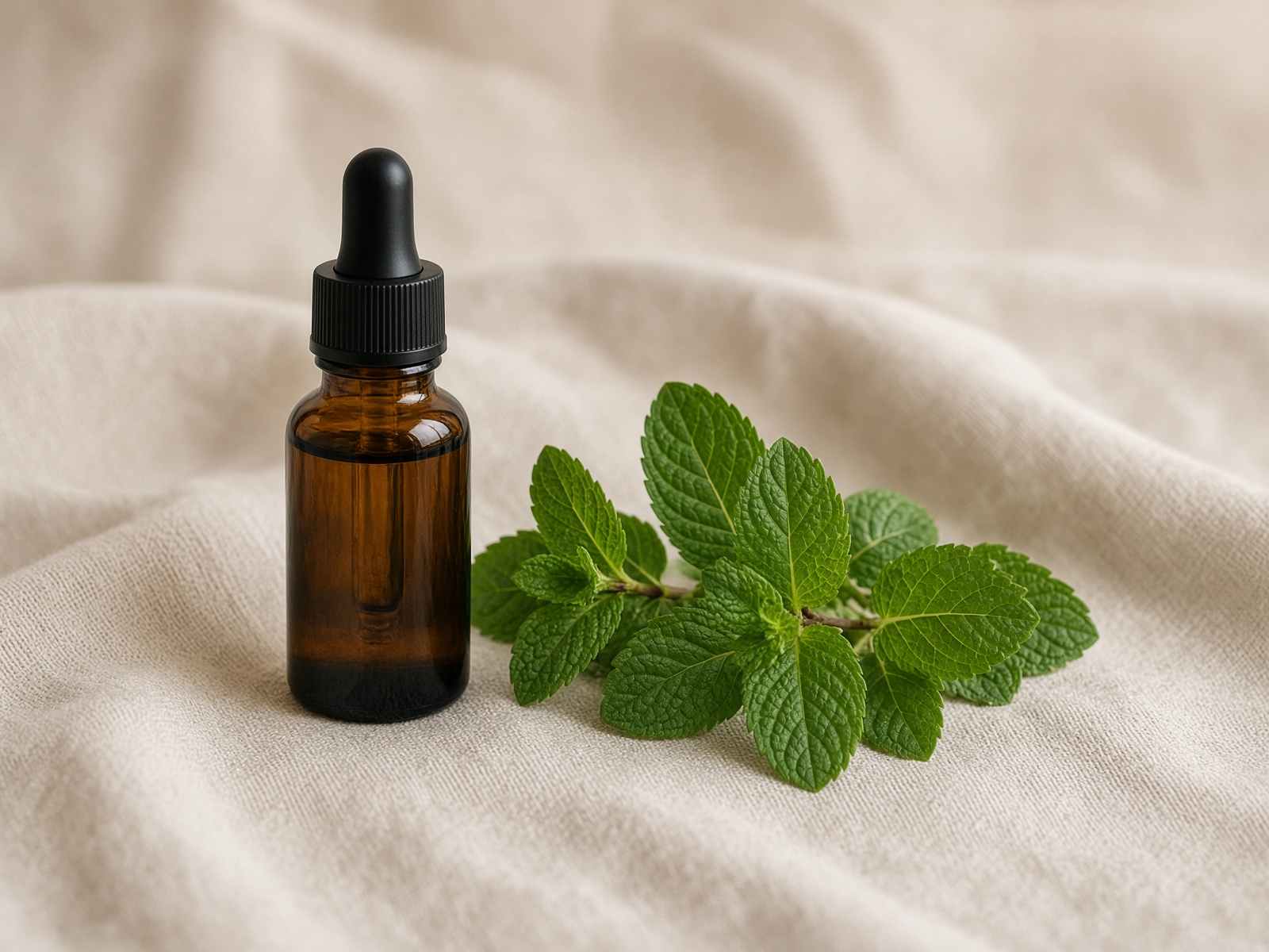Amber bottle of peppermint oil with mint leaves