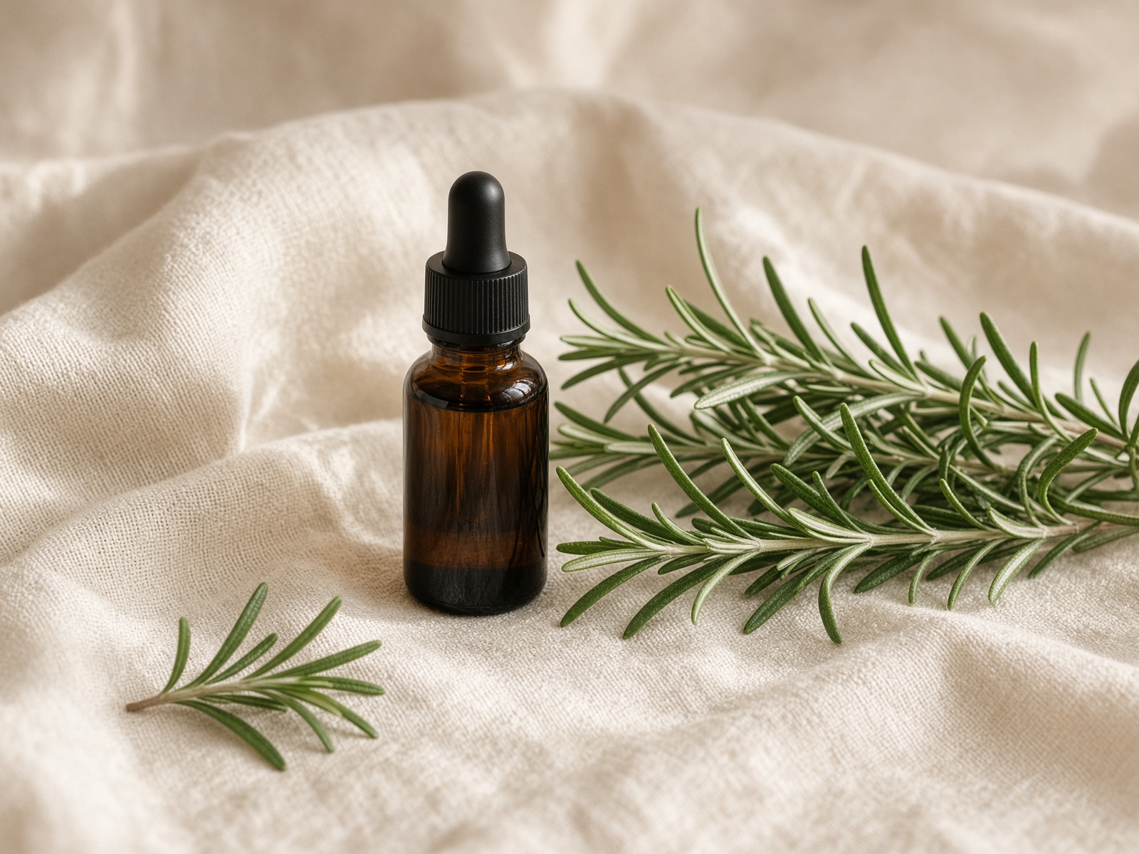 Amber bottle of rosemary oil with rosemary sprigs