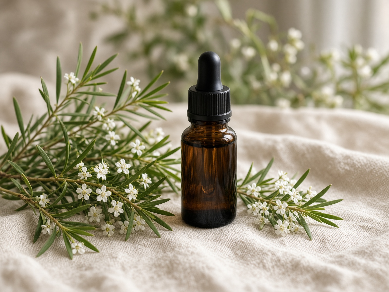 Amber bottle of tea tree oil with small white flowers