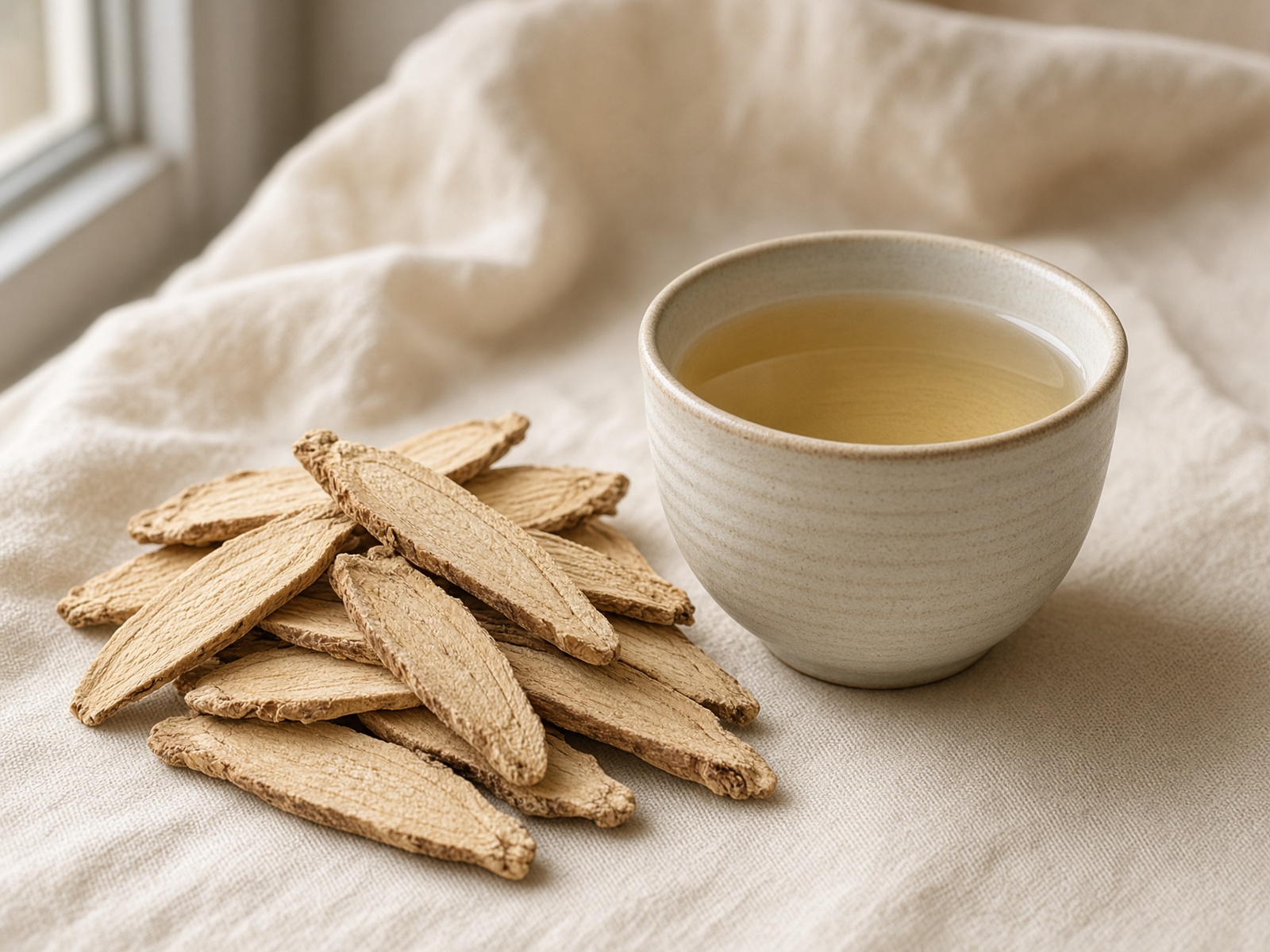 Pale gold decoction with sliced astragalus root