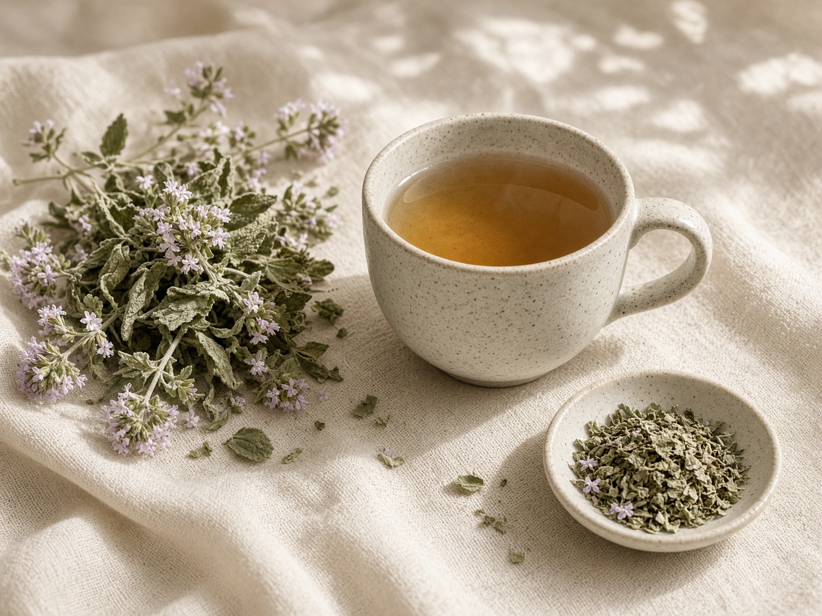 Cup of catnip tea with downy leaves