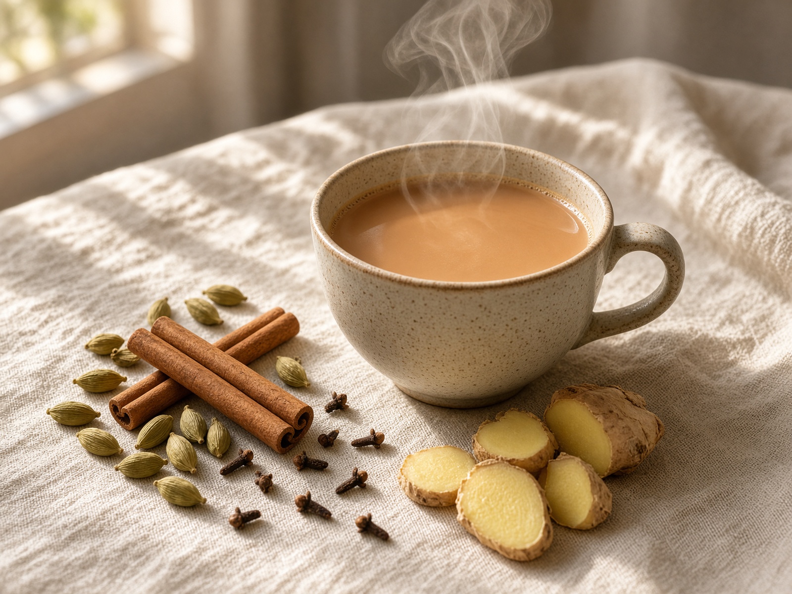 Cup of chai with cinnamon, cardamom, cloves, and ginger