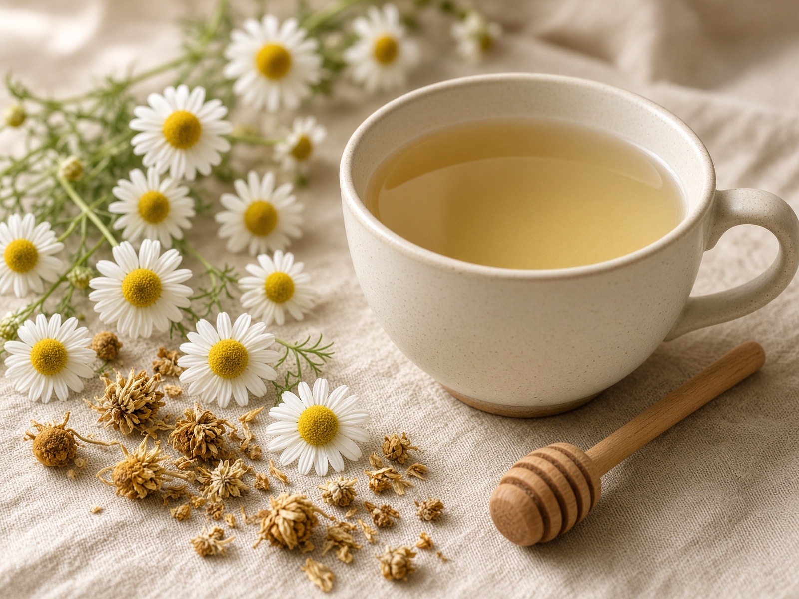 Cup of chamomile tea with fresh daisy blossoms and honey