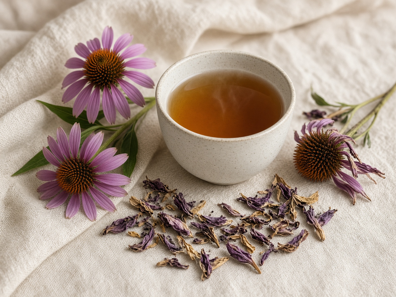 Cup of echinacea tea with purple coneflowers