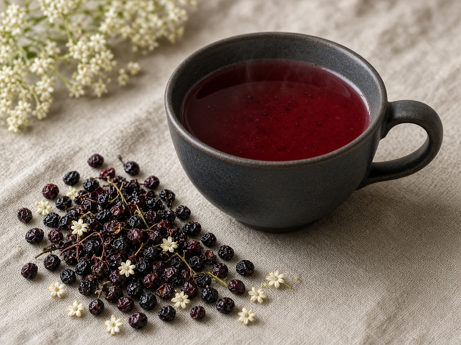 Dark cup of ruby elderberry tea with dried berries