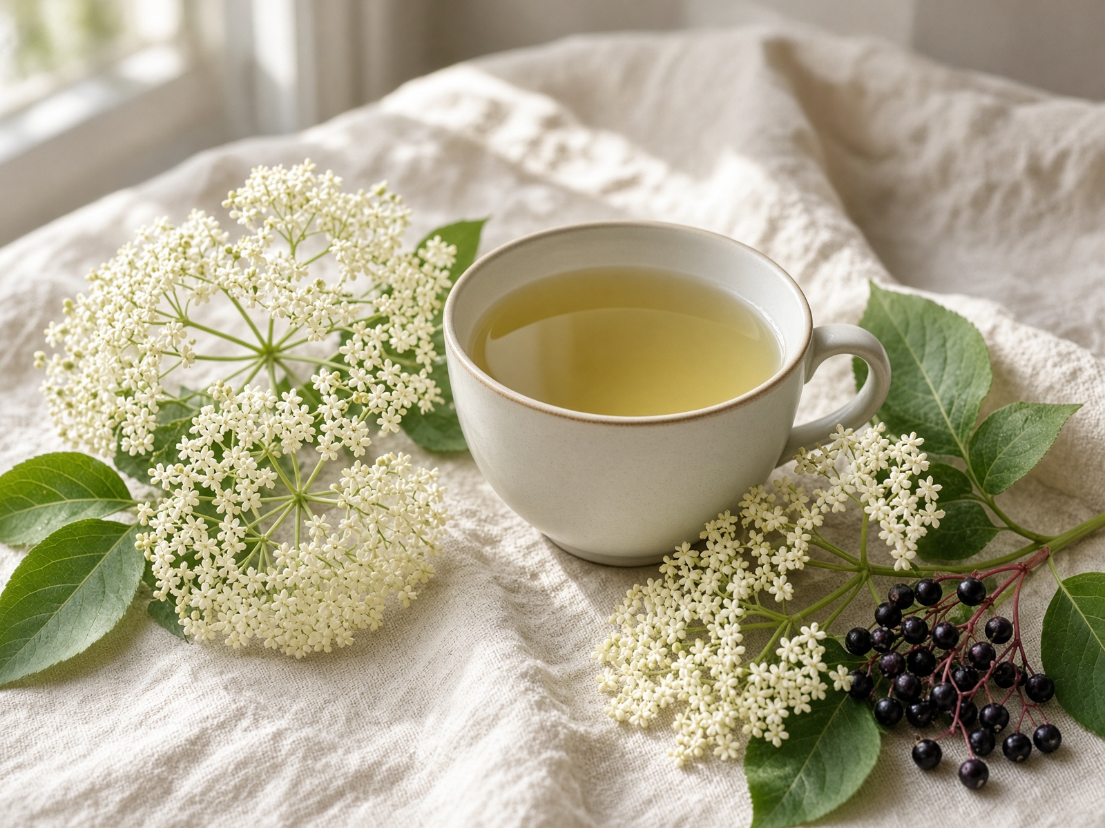 Pale cup of elderflower tea with white blossom umbels
