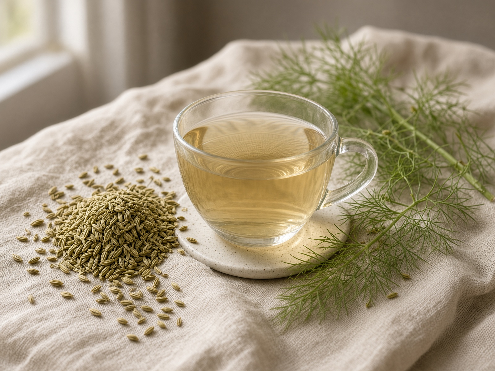 Fennel seeds and feathery fronds with a glass of tea