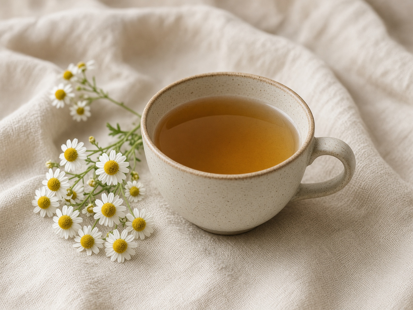Feverfew daisies with a cup of herbal tea