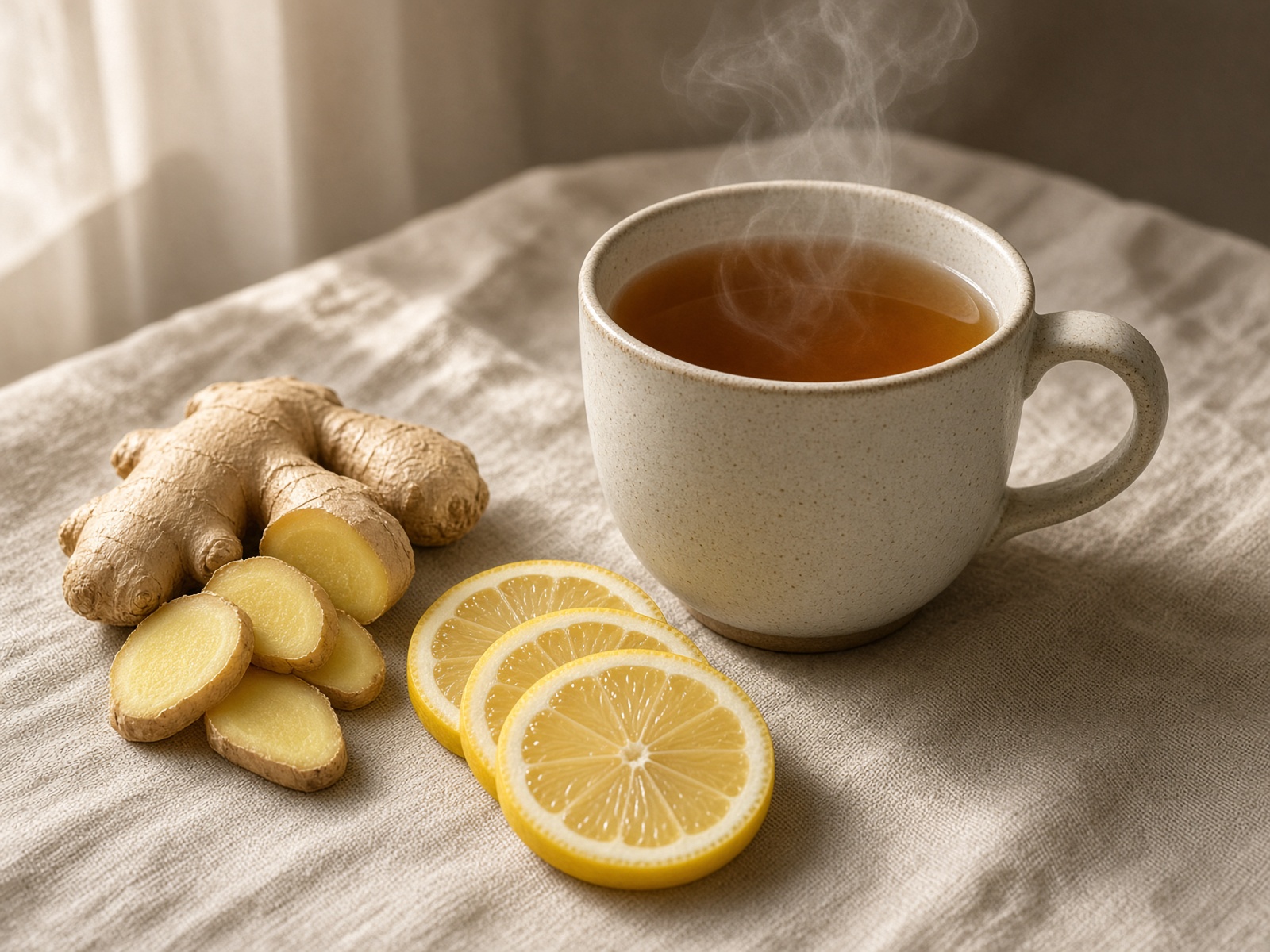 Steaming mug of ginger lemon tea with sliced root