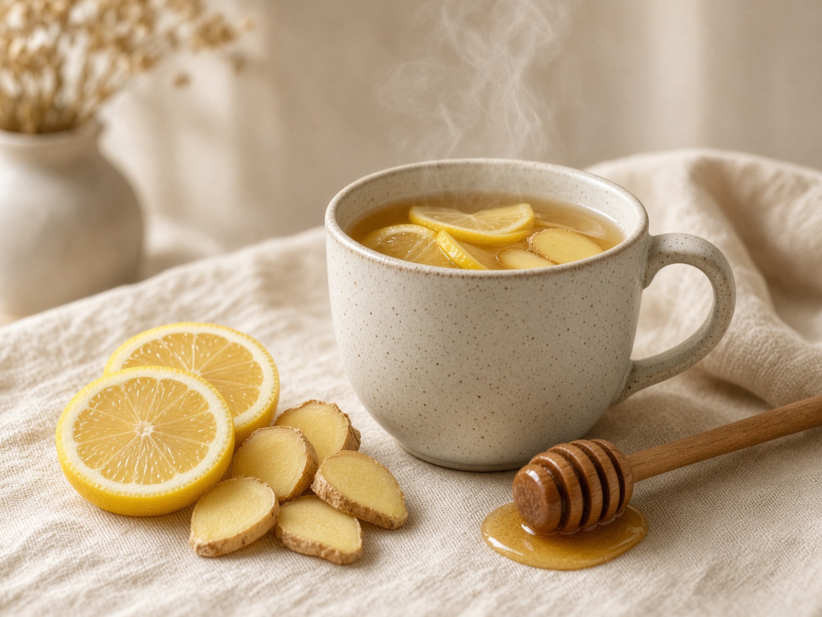 Steaming mug with lemon wheels, ginger, and honey