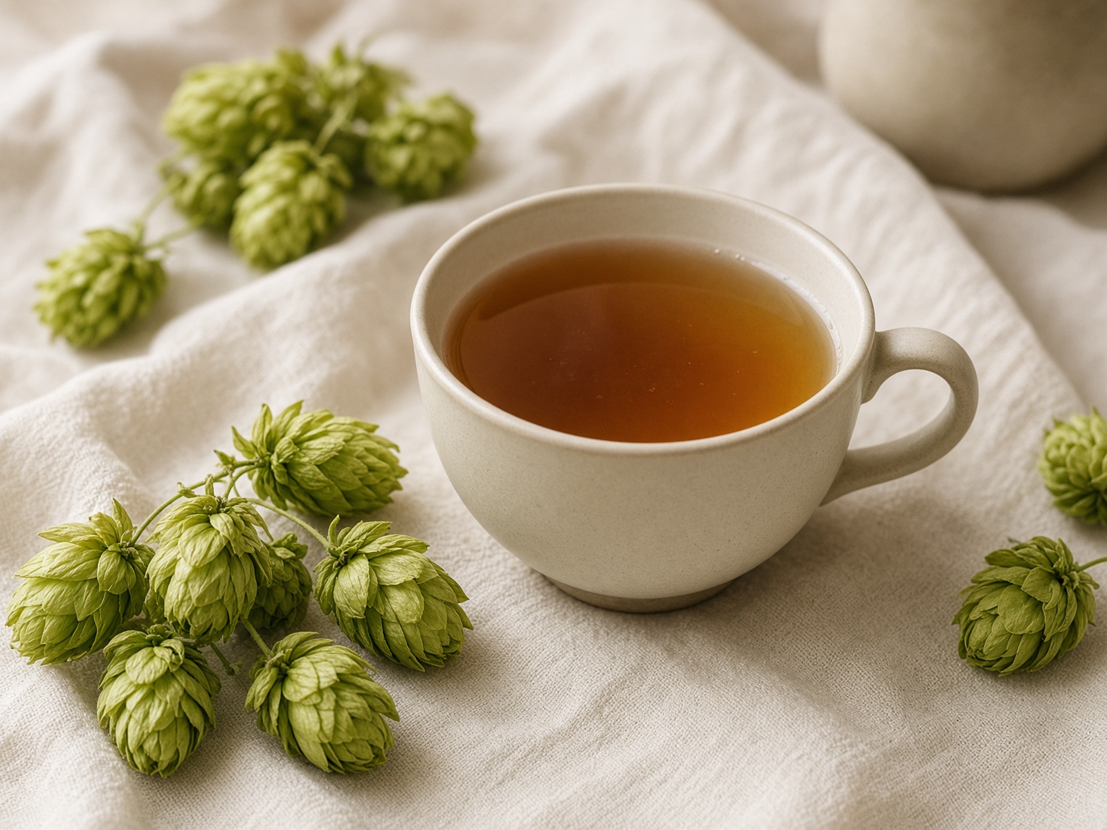 Cup of hops tea with green hop cones