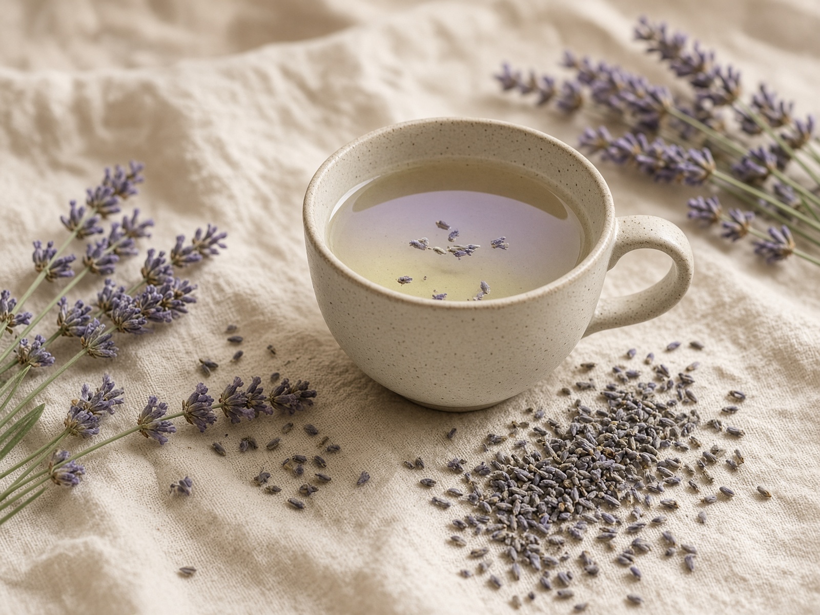 Lavender sprigs and a stoneware cup