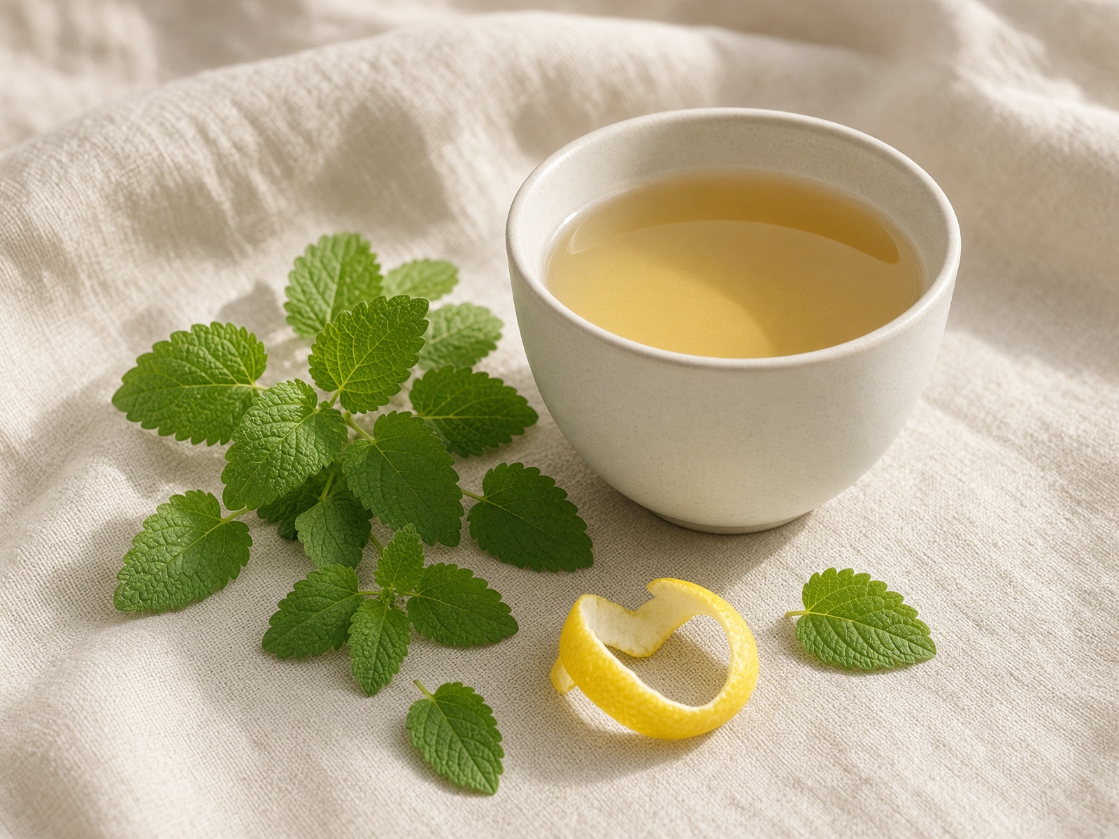 Lemon balm leaves with a pale cup of tea