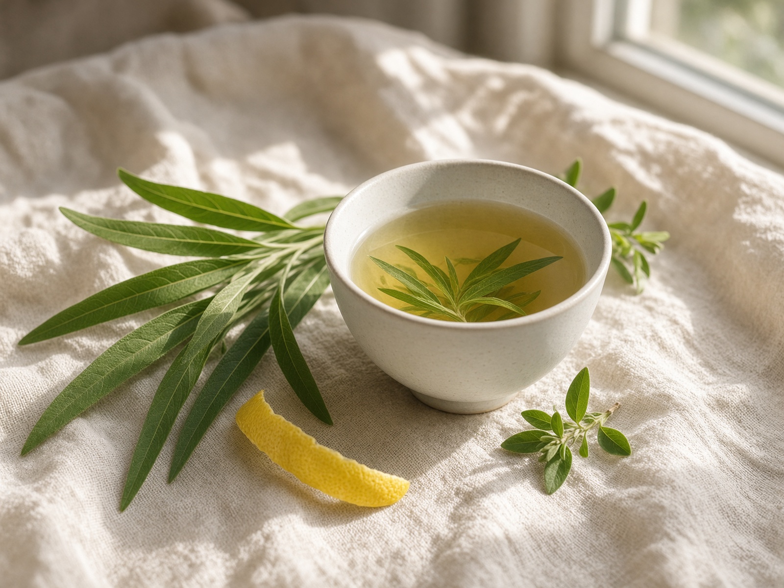 Pale tea with lemon verbena leaves and zest
