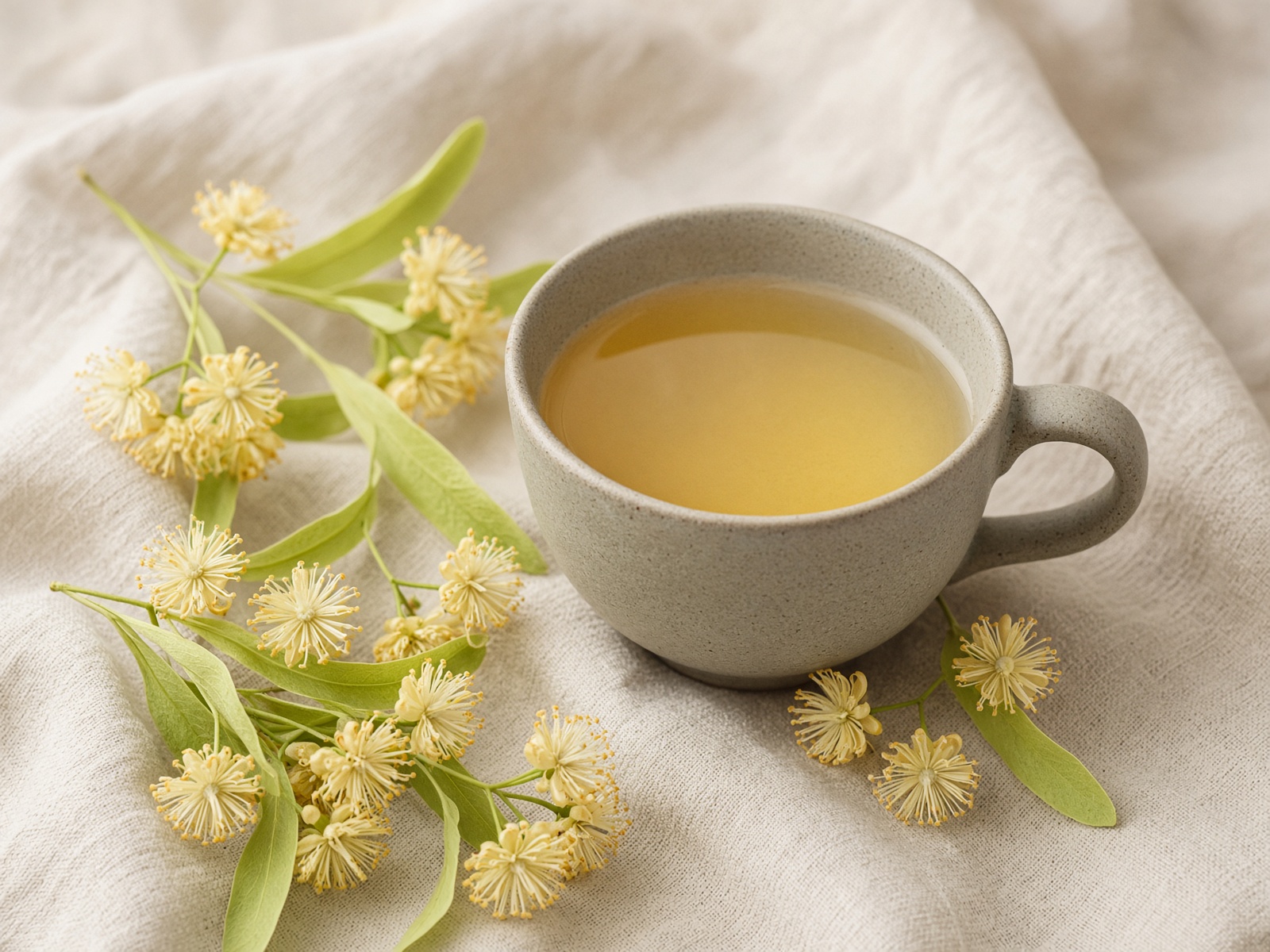 Cup of linden blossom tea with creamy flowers