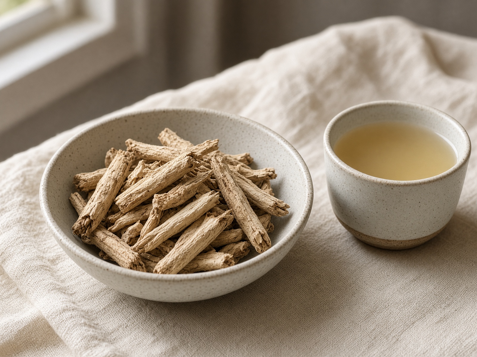 Cloudy cup of marshmallow root tea with pale roots