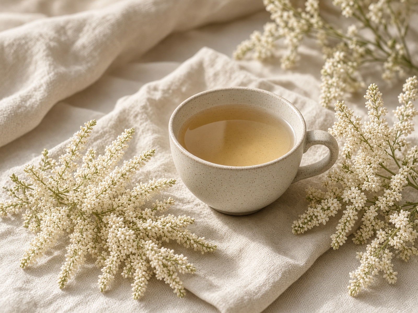 Pale cup of meadowsweet tea with creamy flower plumes