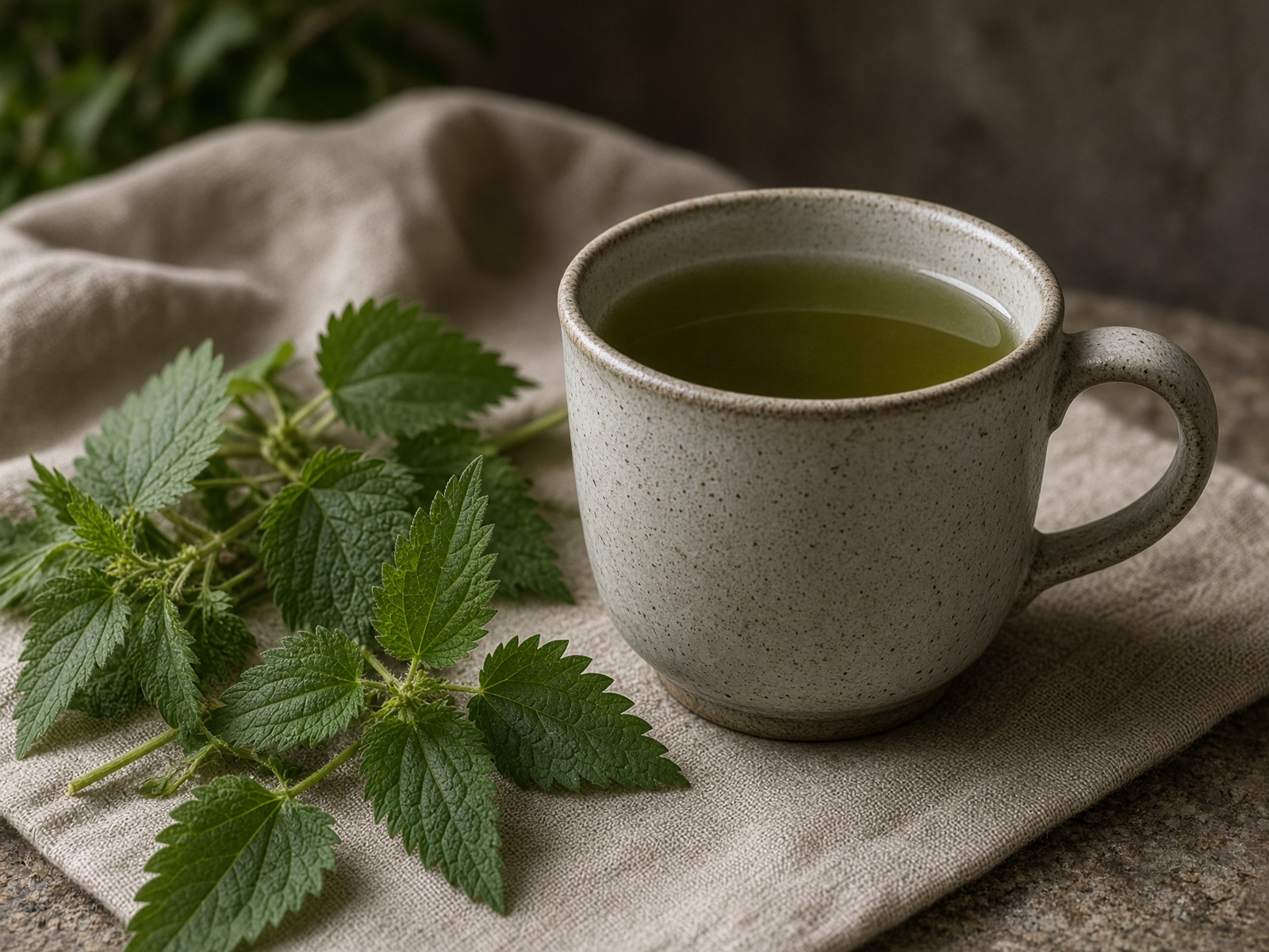 Nettle tea and dark green leaves