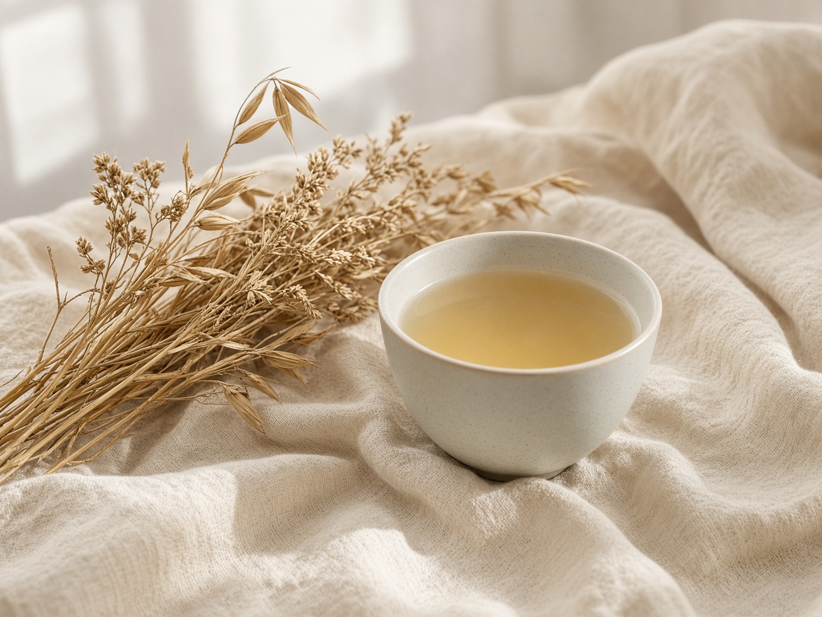 Pale cup of oatstraw tea with dried oat tops
