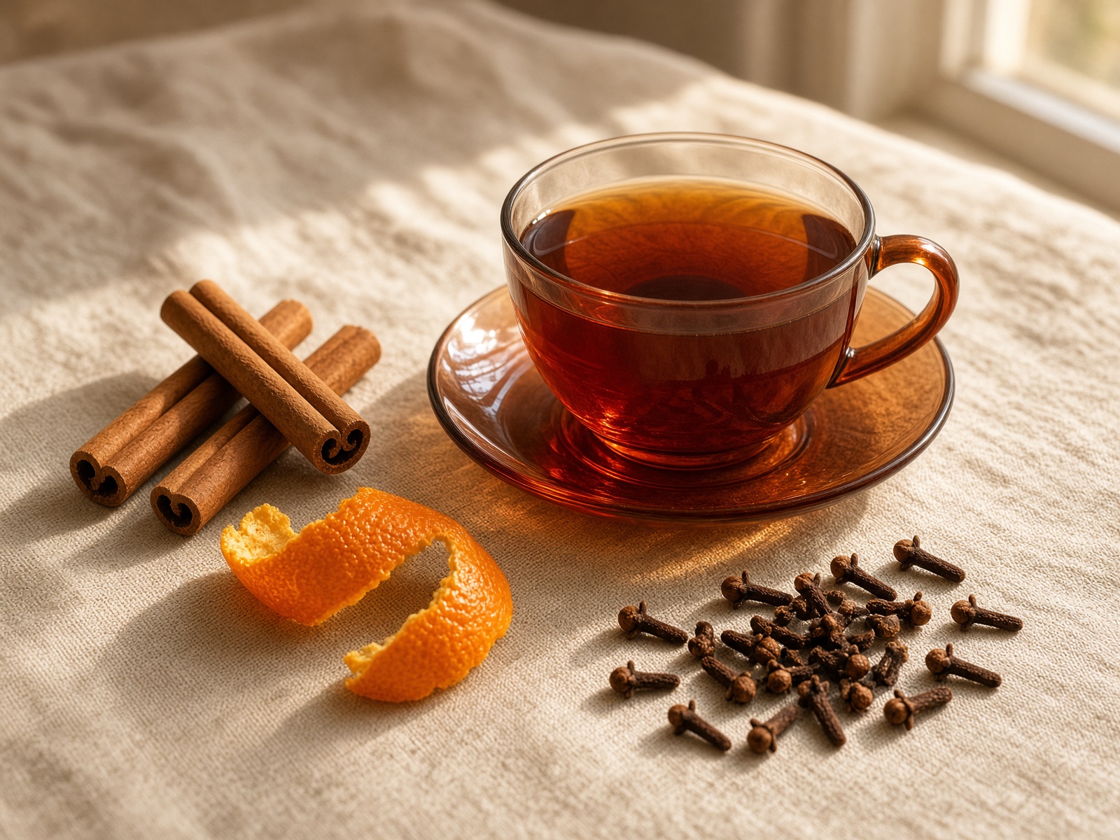 Amber cup of cinnamon tea with sticks and orange peel