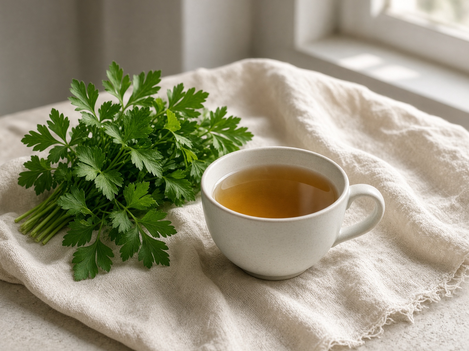Fresh flat-leaf parsley with a pale cup