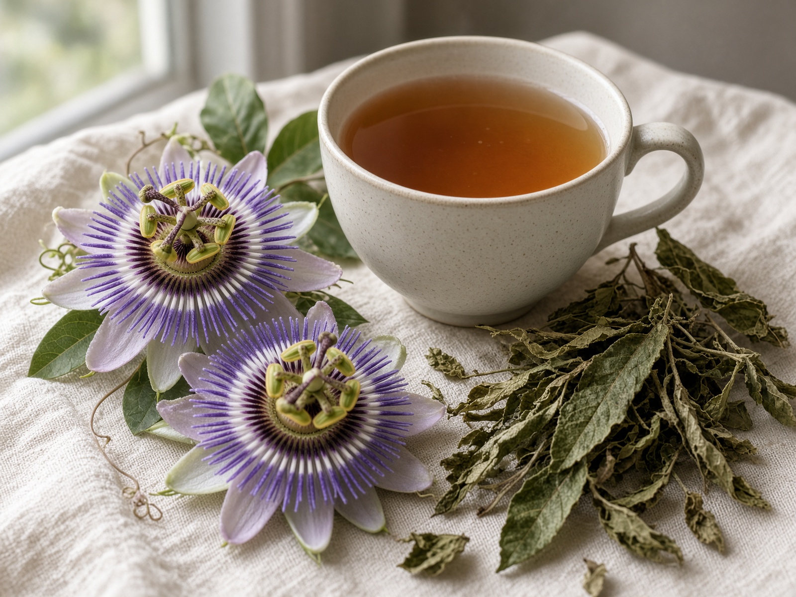 Cup of passionflower tea with purple blossoms