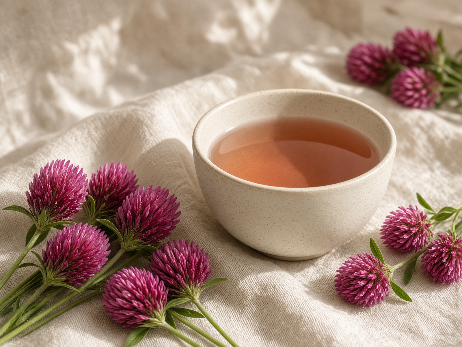 Pink-gold tea with red clover flower heads