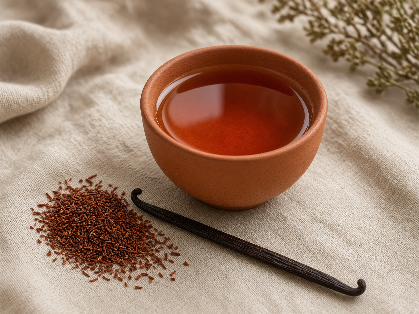 Terracotta cup of reddish rooibos tea with a vanilla bean