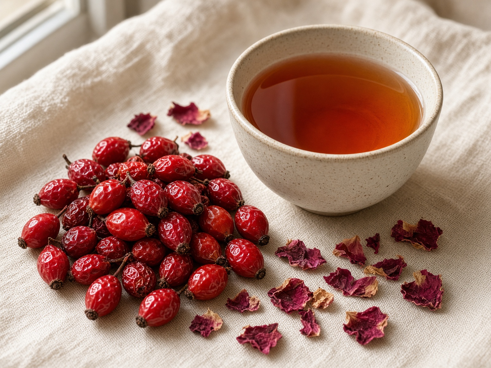 Cup of rosy tea with dried rosehips and petals