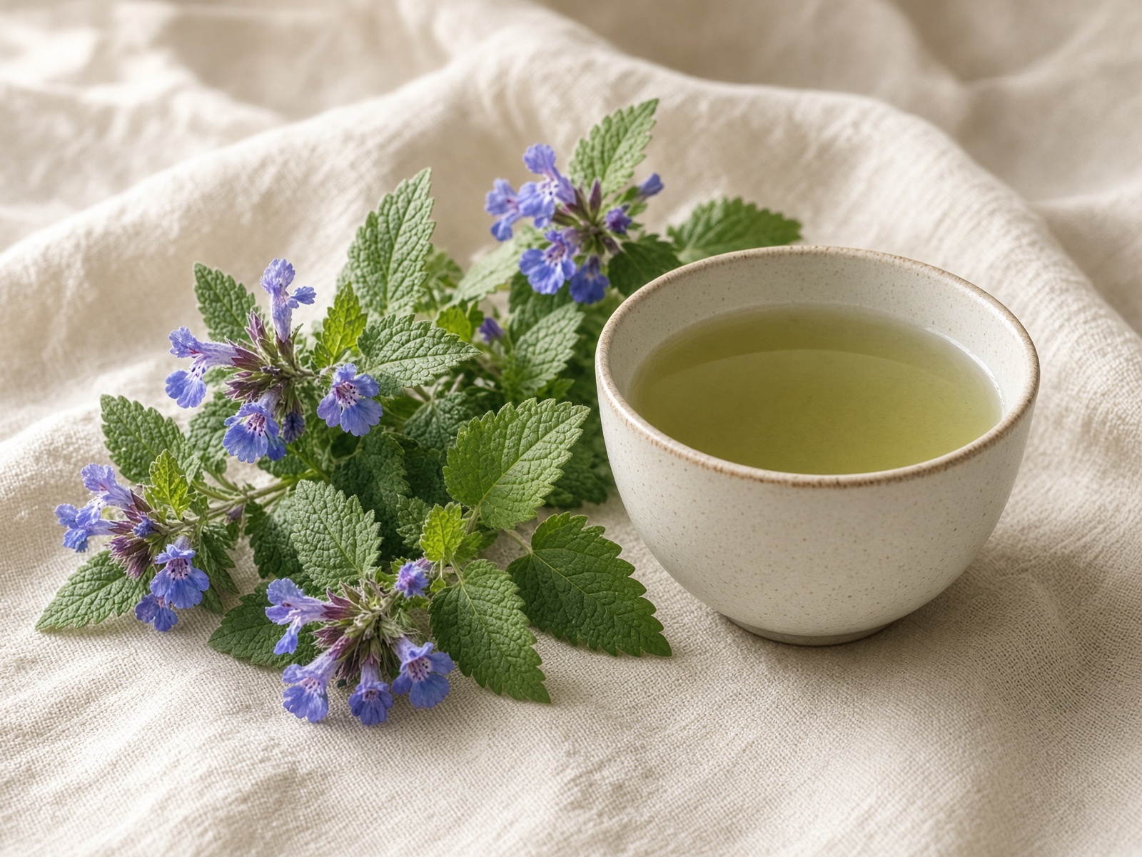 Cup of skullcap tea with small violet flowers
