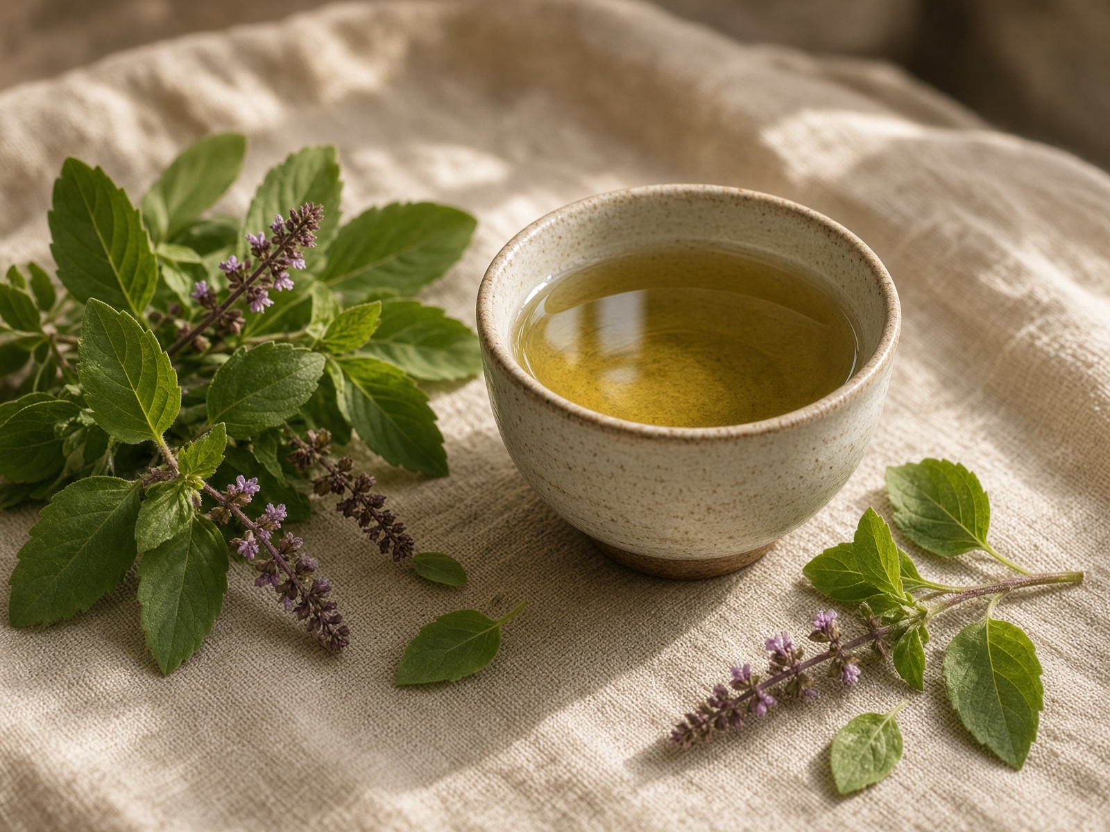 Cup of tulsi tea with holy basil leaves and small flowers