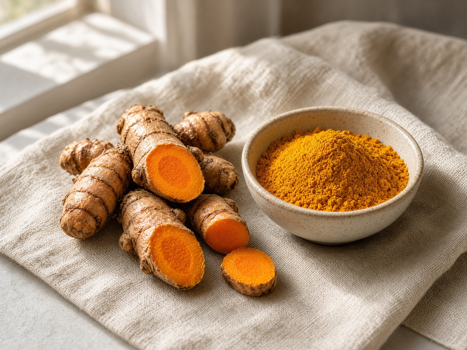 Turmeric root and golden powder with a cup nearby