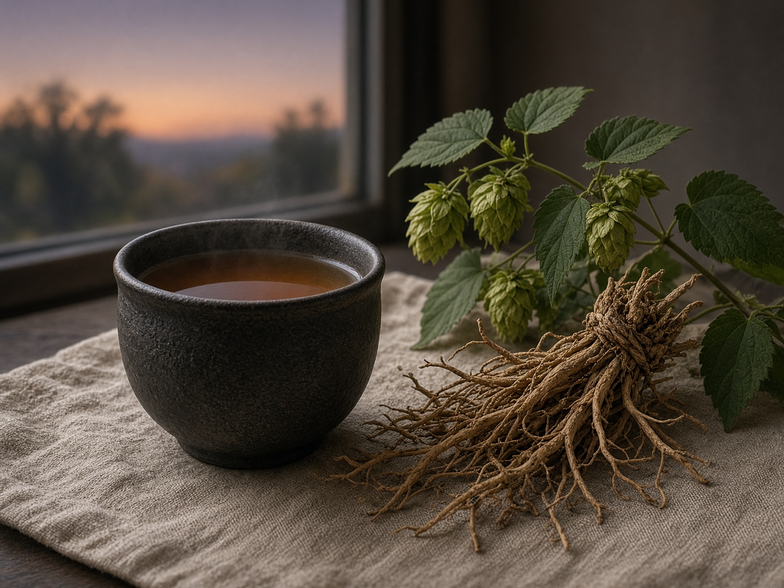 Dark stoneware cup of evening valerian tea
