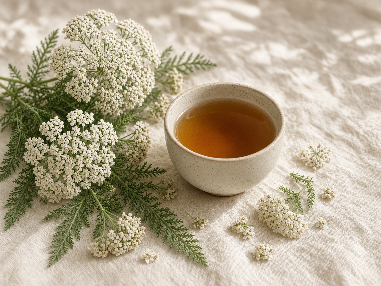 Cup of yarrow tea with white flower umbels